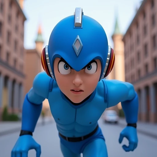 megaman, running on a street, street level, blue robot, 3d++, smooth, high details, masterpiece, 4k, (handsome teen face), (realistic face:1.5), (high detailed face:1.5), (high detailed eyes:1.5), (serious), (focused)