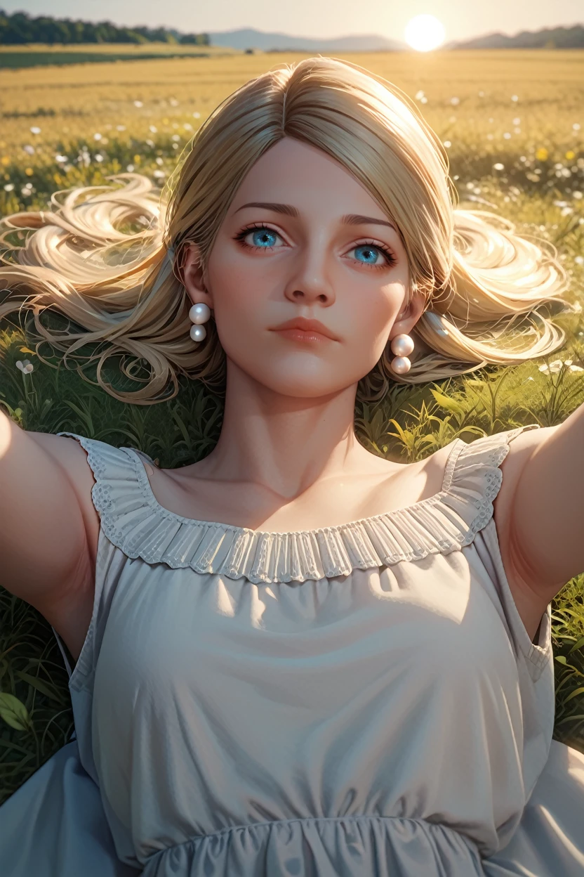 <lora:TEW2Myra:1.0>
TEW2Myra, 1girl, blonde hair, blue eyes, pearl earrings, looking at viewer, lying in a field of wildflowers, arms stretched out, sun shining through the clouds, soft and warm lighting, peaceful and nature-connected feeling, score_9, score_8_up, score_7_up, score_6_up