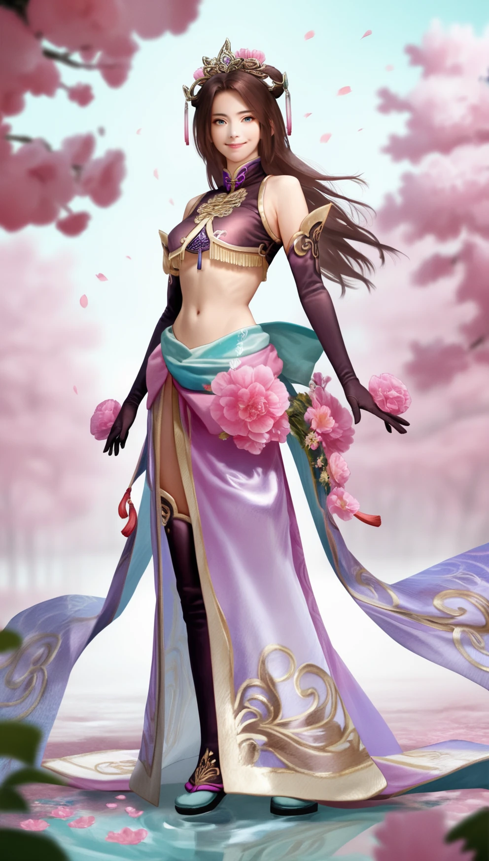 score_9,score_8_up,score_7_up,
<lora:diaochan:0.9>,
diaochan,
highres,photorealism,bloom,
1girl,solo,brown hair,long hair,bangs,blue eyes,looking at viewer,smile,purple ornate headdress with intricate designs and a gemstone centerpiece,purple tassel,purple top with gold embellishments and tassel,purple detached sleeves,purple gloves,purple sheer wrap skirt,thigh socks,embroidery shoes,
full body,standing,
blurry background,outdoors,peach blossom,light particles,water on ground,