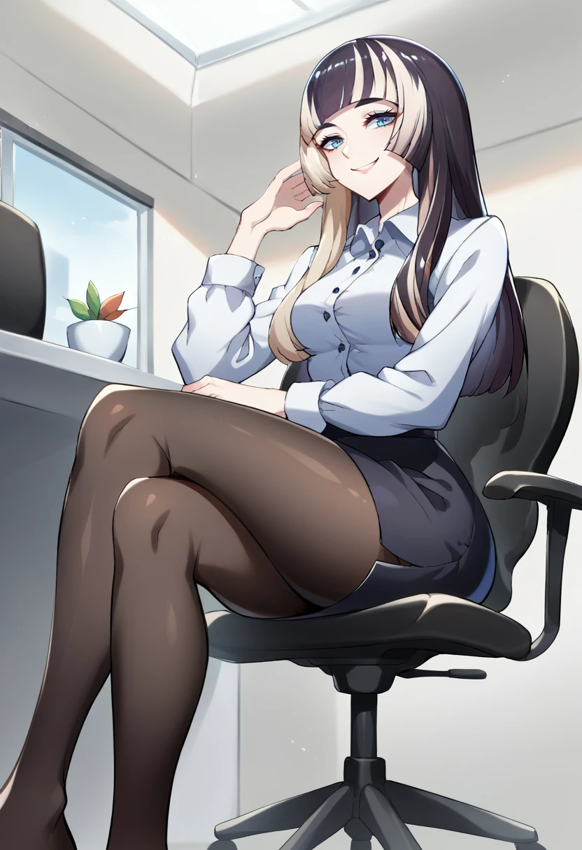 score_9, score_8_up, source_anime, 1girl, solo, JuufuuteiRaden, black hair, multicolored hair, long hair, hime cut, indoors, office lady, office chair, sitting, crossed legs, miniskirt, black pantyhose, dress shirt, smile, <lora:ChamJuufuuteiRadenPonyXL:1>