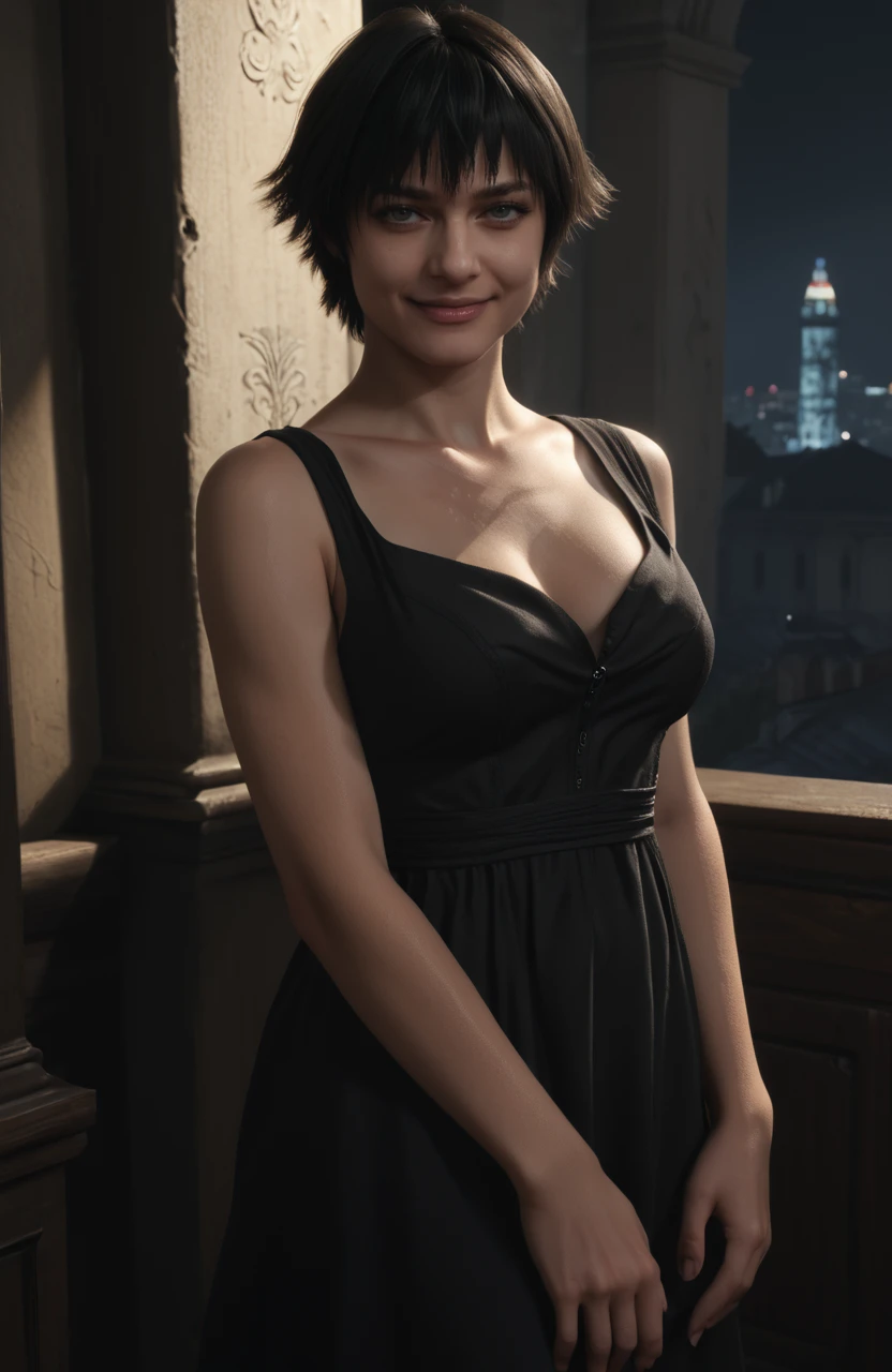 detailed realistic photo, score_9, score_8_up, score_7_up, score_6_up, score_5_up, score_4_up, <lora:LadyDMC5Screens_t3-000013-128:1.0> 1girl, DMCLady, short black hair, heterochromia, dynamic angle
, black dress, smile, large breasts
, mansion, darkness, moody lighting, backlit, rim lighting, city, at night