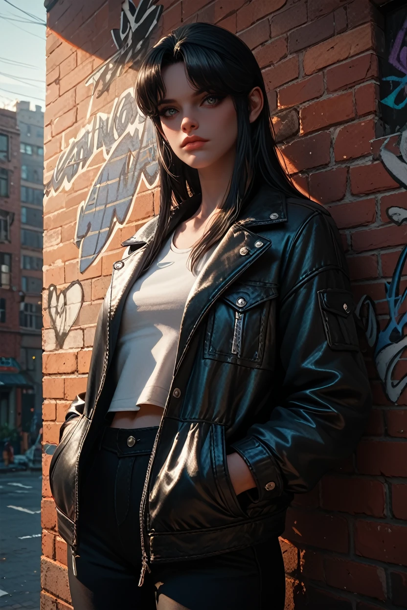 score_9, score_8_up, score_7_up, score_6_up
<lora:LALiru:1.0>
LALiru, 1girl, black hair, long hair, looking at viewer, leaning against a brick wall, hands in jacket pockets, urban alleyway with graffiti art, moody lighting with shadows, edgy and modern vibe