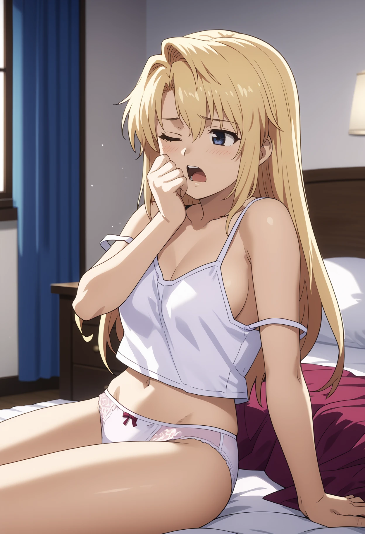 Nsfw,(((1girl,1boy,sex,vaginal))),(masterpiece, highest quality, Super detailed,High Resolution,8k), kneeling , Ten generations,Random Background,View the viewer, eleonora_Hill Rose,Yellow hair band,white lace panties 
