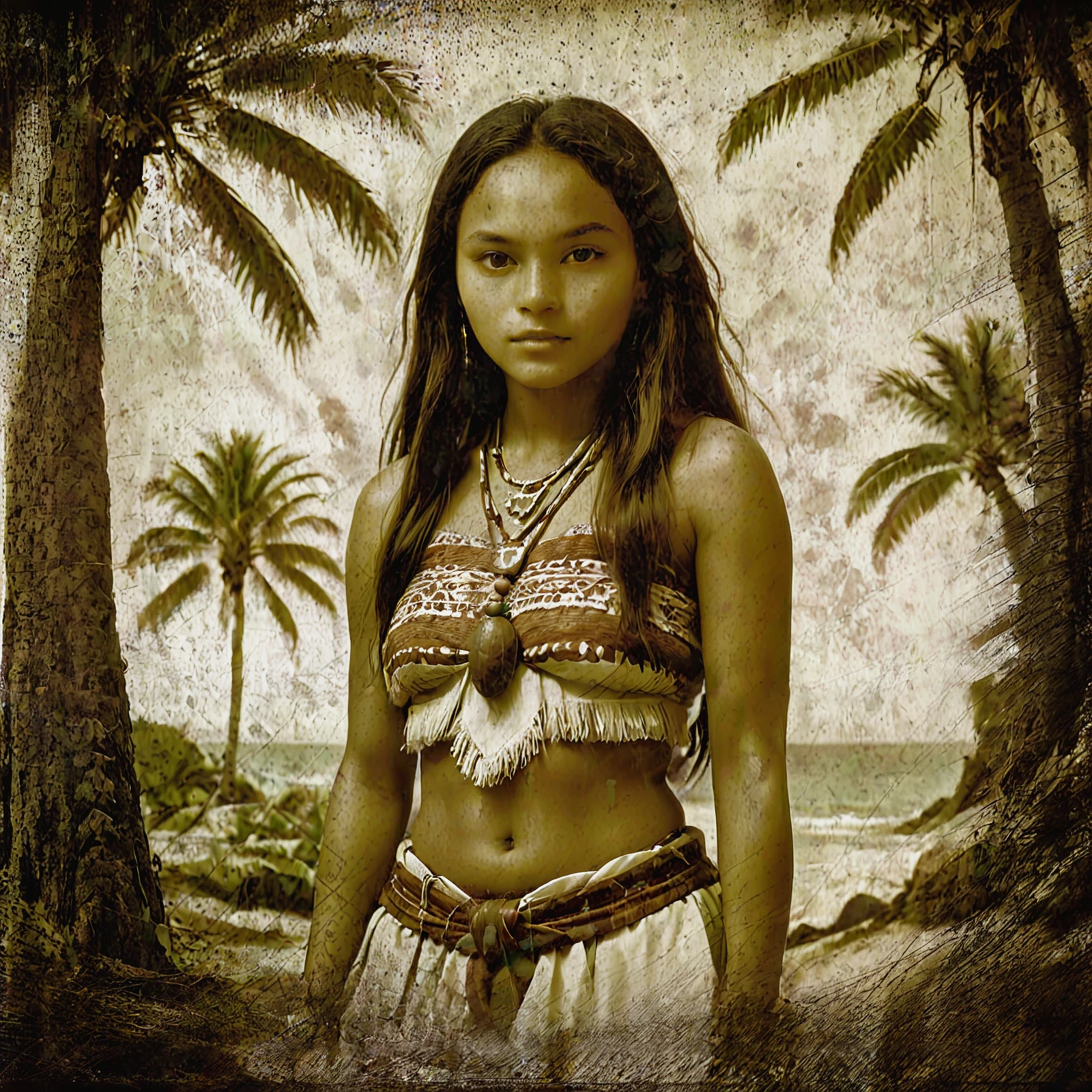 An old vintage sepia photo. A native young Polynesian woman in native clothing. 1850s. Palm trees.

<lora:PhotoAgedSepia01-00_CE_SDXL_128OT:0.9> AgedSepiaCE

