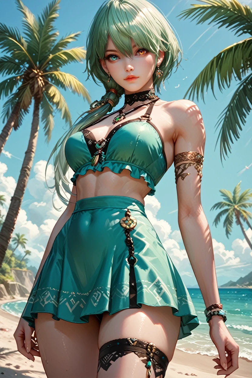 score_9, score_8_up, score_7_up, score_6_up
<lora:LAShana:1.0>
LAShana, 1girl, green hair, heterochromia, looking at viewer, at the beach, minidress, palm trees, sundown