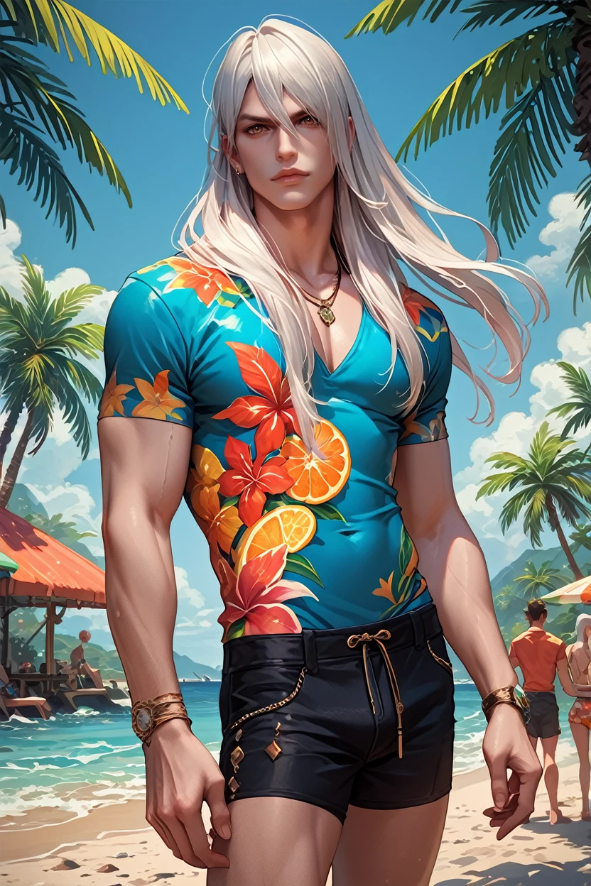 score_9, score_8_up, score_7_up, score_6_up
<lora:LAKadan:1.0>
LAKadan, 1boy, white hair, long hair, looking at viewer, male model in a vibrant tropical shirt, standing next to a palm tree, beach bar in the background, holding a colorful cocktail, festive atmosphere