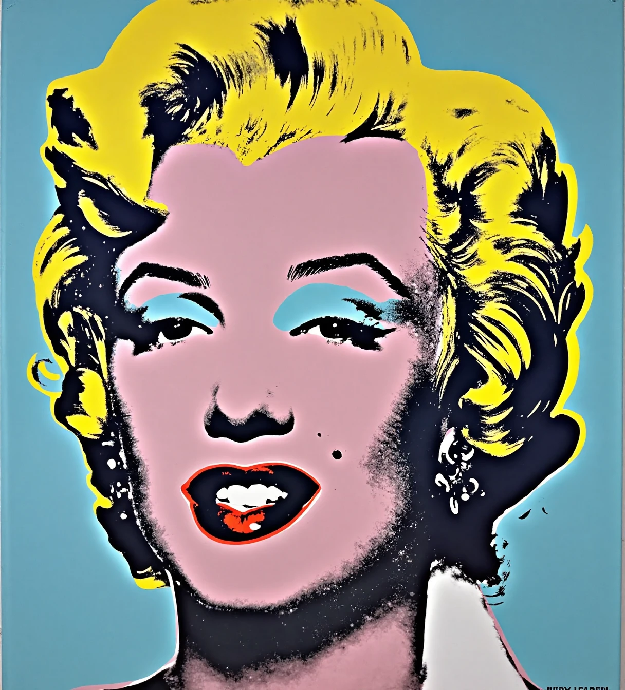 famous pop art portrait of Marylin Monroe, by Andy Warhol. It depicts a woman's face with the following characteristics:  Bright, contrasting colors in a flat style Yellow hair styled in short curls Pink skin tone Blue eyeshadow Red lipstick on smiling lips A small beauty mark on the right cheek Light blue background  The style is distinctly pop art, with bold colors and simplified features. The portrait has an iconic, immediately recognizable quality to it. For an image prompt, you might consider requesting a "pop art style portrait in the manner of Andy Warhol, featuring bold, flat colors and simplified facial features against a solid background."