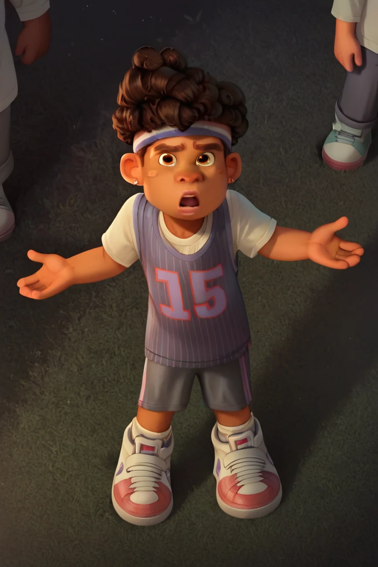 Score_9, score_8_up,score_7_up,, TylerNguyen, 1boy, curly hair, black eyes, , stud earrings, shoes, brown hair, footwear, clothing, headband, hair, shirt, dark skin, male, young, male focus, hi res, shorts, solo focus, multiple boys, solo, female, outstretched arms, child, white shirt, earrings, realistic, aged down, mammal, open mouth, feral, dark body, primate, sneakers, 1boy, jewelry, not furry focus, human, looking at viewer, dark-skinned male, human focus, brown eyes, anthro