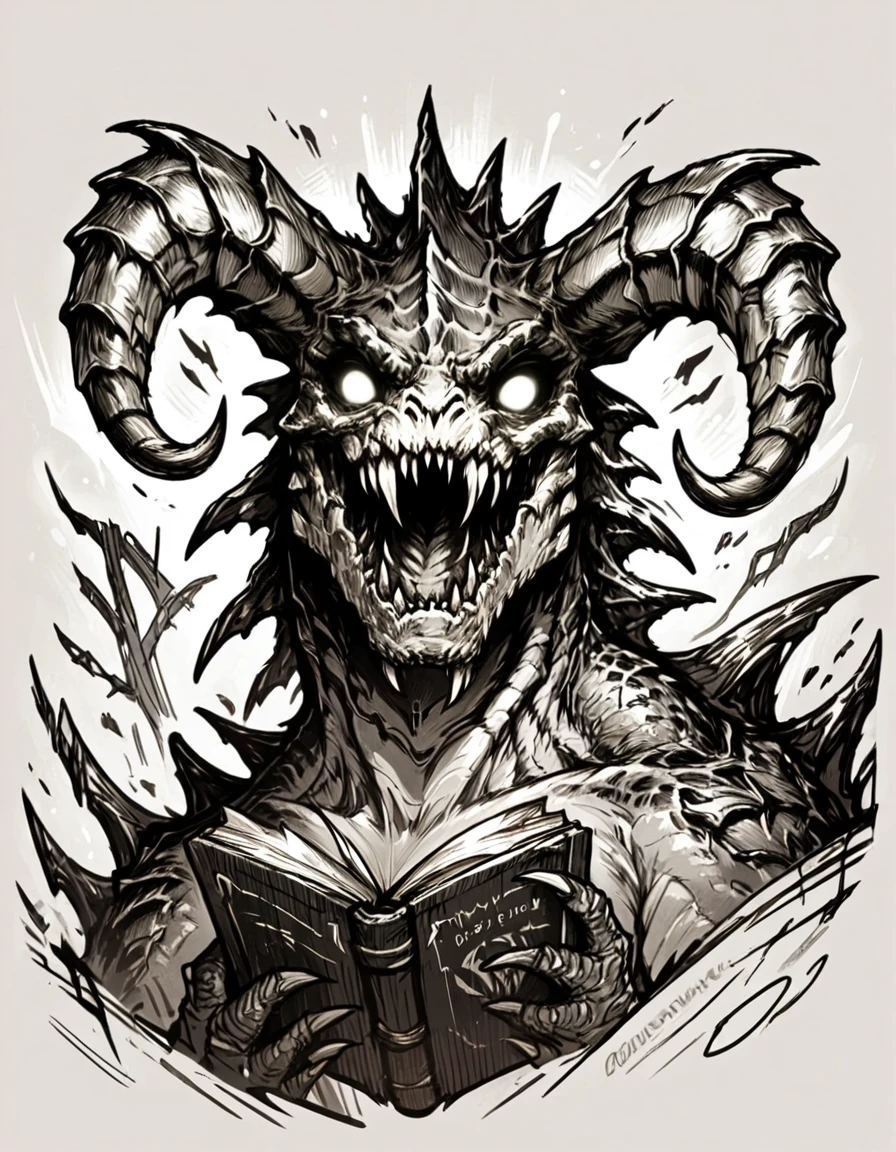 score_9, score_8_up, score_7_up, <lora:Messy Sketch Style:1>, monochrome, comic book covere, deathclaw, scales, horns fangs, glowing eyes,