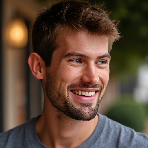 victor, male, smile, teeth, looking to the side, facial hair