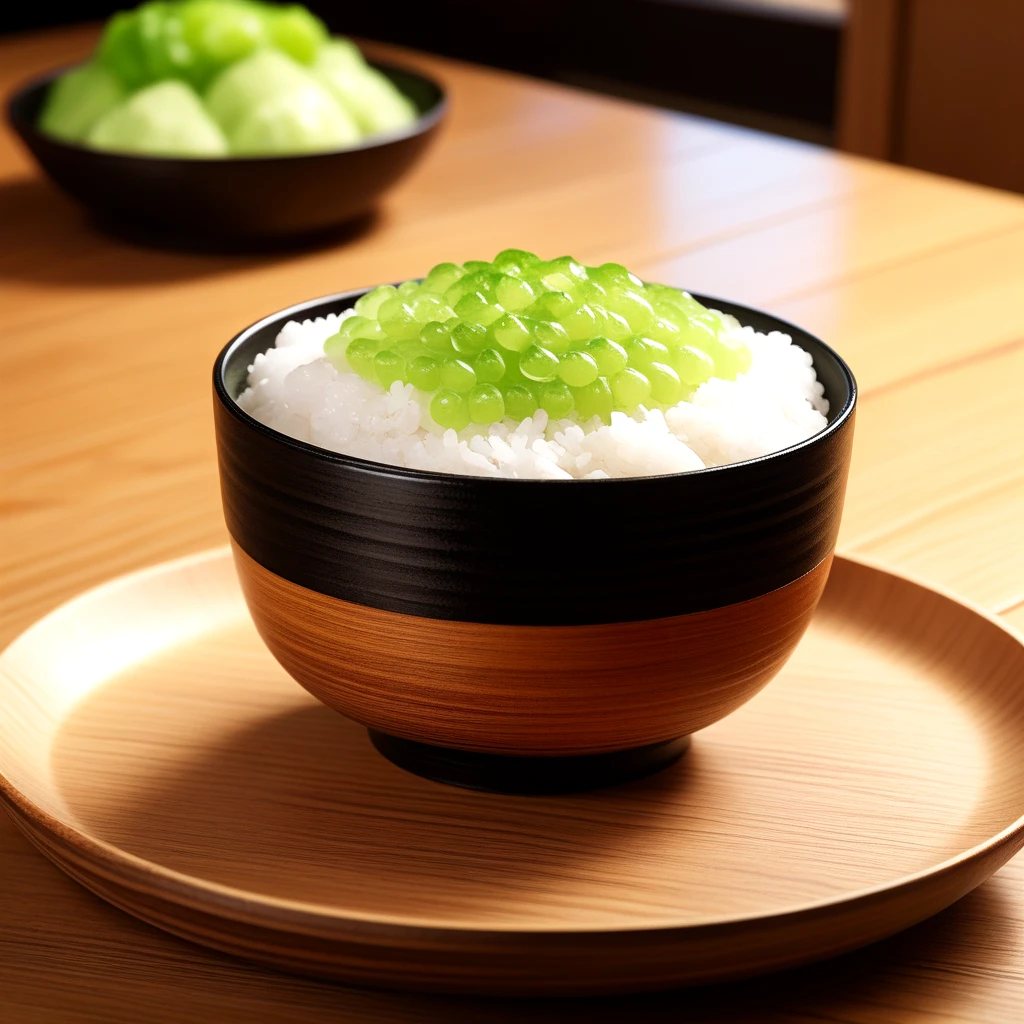 food, indoors, blurry, no humans, food focus, still life, rice bowl, wooden table, transparent roe, realistic, cinematic lighting <lora:fish_roe_SDXL:0.5>, negi, wasabi