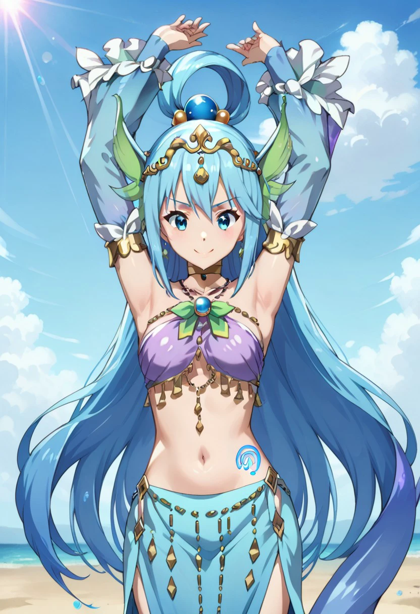 score 9, score 8 up, score 7 up, konosuba, aqua /(konosuba/),aqua /(fantastic adventurer/), tiara, 1girl, long hair, solo, blue eyes, blue hair, navel, smile, detached sleeves,arms up, armpits,very long hair, jewelry, midriff, breasts, hair ornament, single tattoo, day, (dancing), fierce dance, goddess,side,looking down,simple background