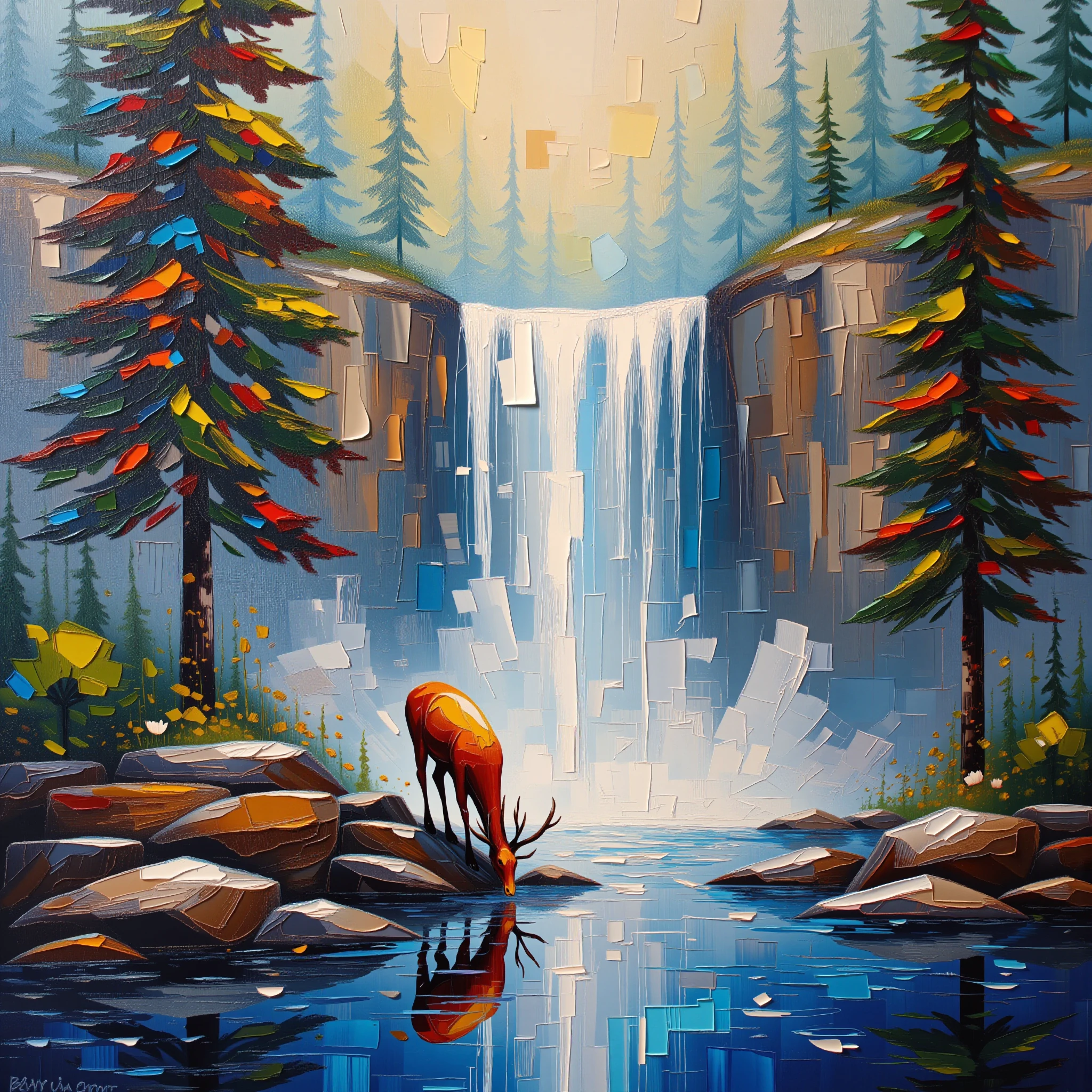 epic impasto technique of A striking image of a deer drinking water from the waterfall, epic, intricate detail, epic scenery, pines trees