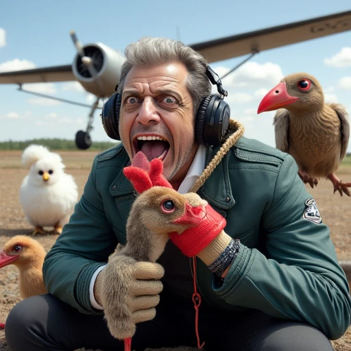 open mouth, airplane, realistic, food, headphones, bow, solo, bird, jacket, headphones around neck