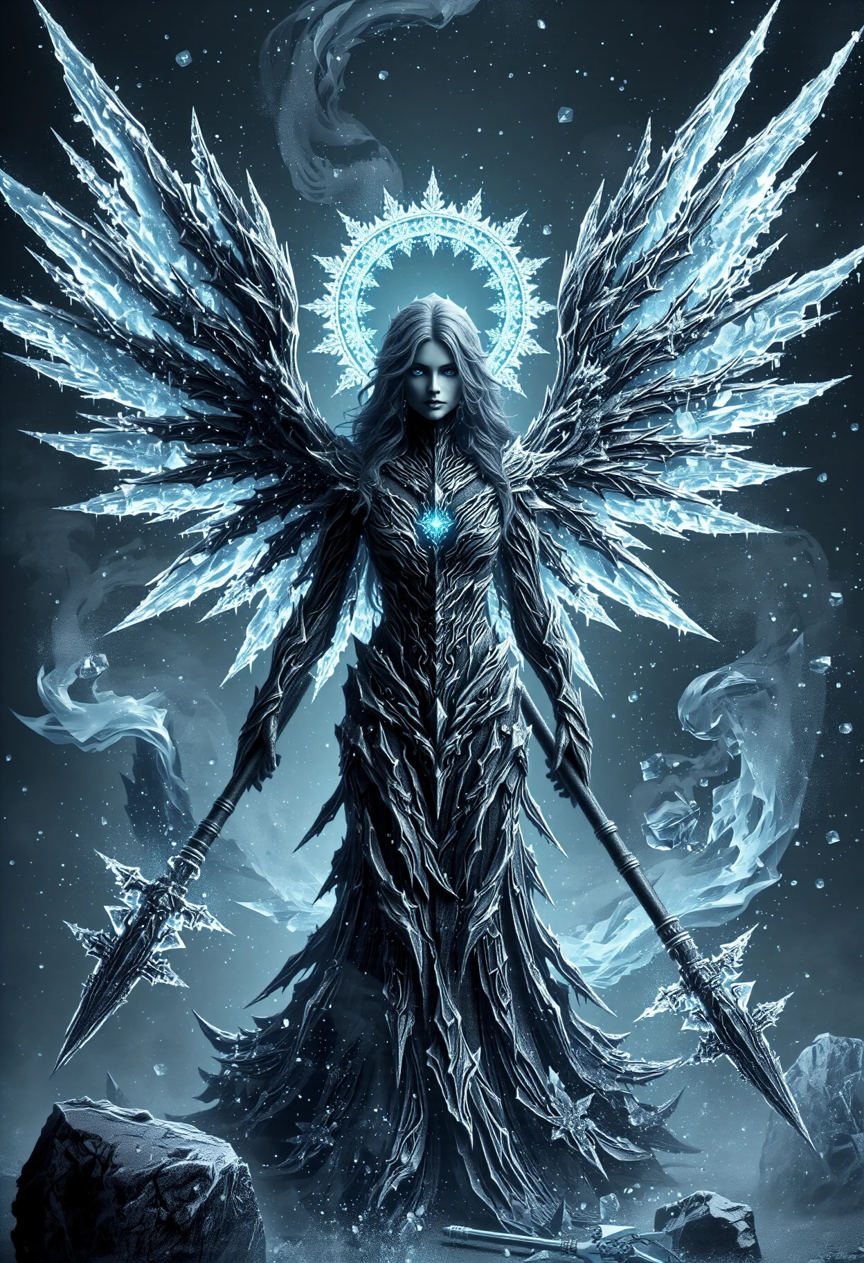 black ice,  female starry seraphim- winged being with luminous, starry wings and celestial halos., , spear