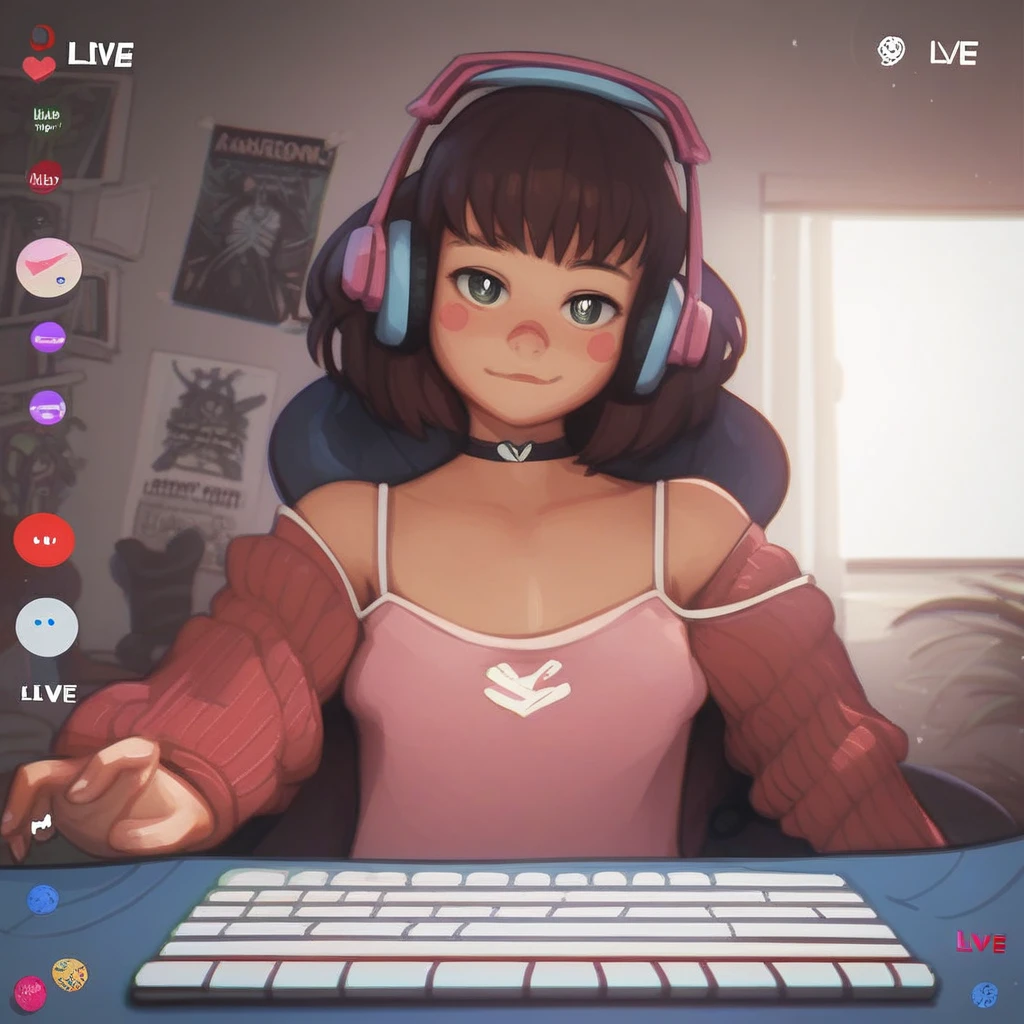 score_9, score_8_up, score_7_up, score_6_up, score_5_up, colourful, 8k, detailed face, detailed eyes, W3BC4MP0V, KEYBOARD (COMPUTER), MOUSE (COMPUTER), CHAIR, 1GIRL, LIVESTREAM, FR0NT, DESK, room, indoors, choker, camisole, headphones, dark, posters, anime style, looking at viewer,