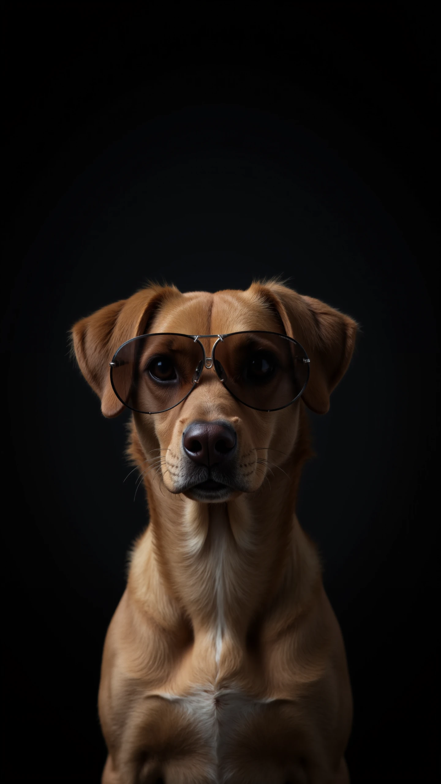 Photo of a dog, close up, head, wearing a Carrera 5623 PD,sunglass, in a dark photostudio