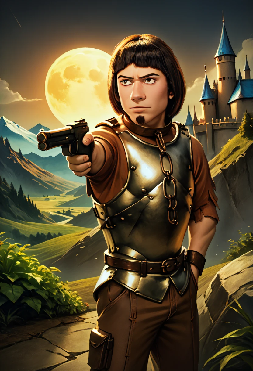 score_9, score_8_up, realistic, detailed, 1boy, solo, HuiBuh, bob cut, blunt bangs, dark brown hair, goatee, metal collar, armor, chain, breastplate, aiming, weapon, holding weapon, holding gun, handgun, hand in pocket, outdoors, mountain, moon, castle, backlighting <lora:YusufDikecGunPose_pdxl_Incrs_v1> <lora:hui_buh-v1.0.11>​​​