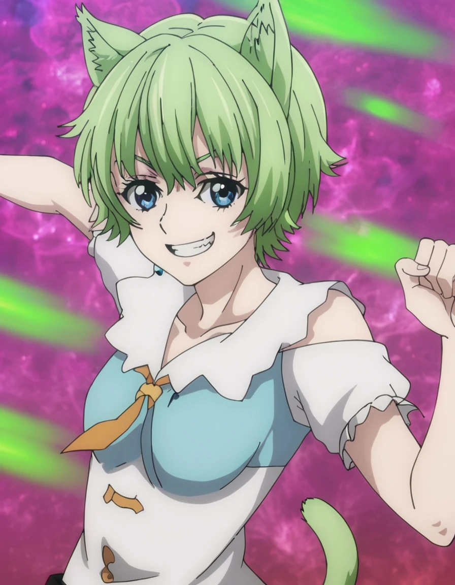 <lora:OssanNewbieAdventurer:1>, dynamic pose, smirk  Milcia, short hair, blue eyes, green hair, cat girl,