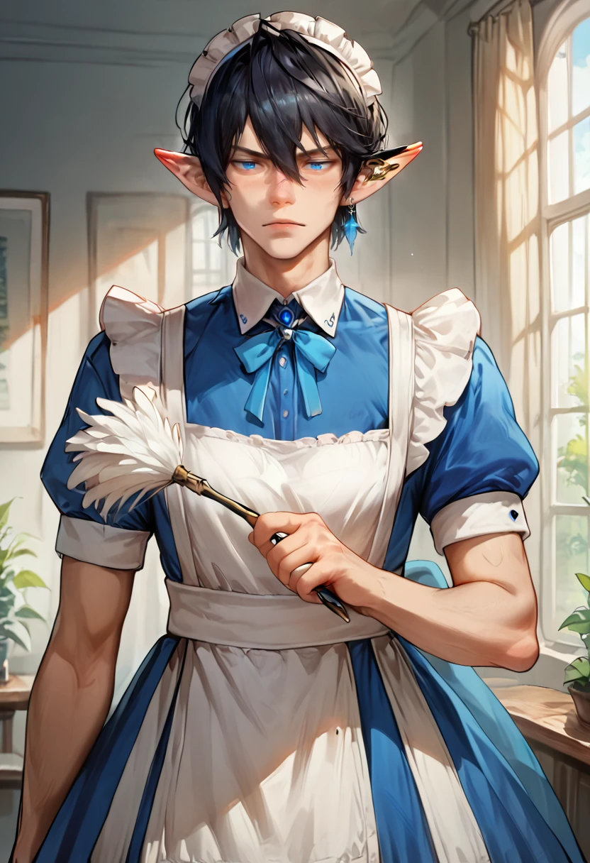 score_9,score_7_up,zPDXL2,indoors BREAK
1boy,aym3ric,solo,elezen,pointy ears,hair between eyes,black hair,blue eyes,single earring,looking down,
<lora:aymericv7:1>maid,feather duster,blushing,maid headdress,