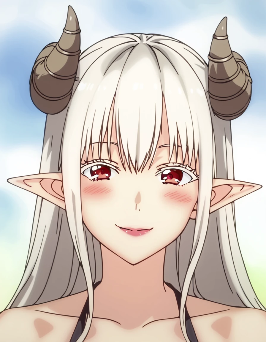 <lora:2.5JigennoRirisa:1>, soft smile, portrait,  MayuraCos1, long hair, blush, red eyes, white hair, pointy ears, demon girl,