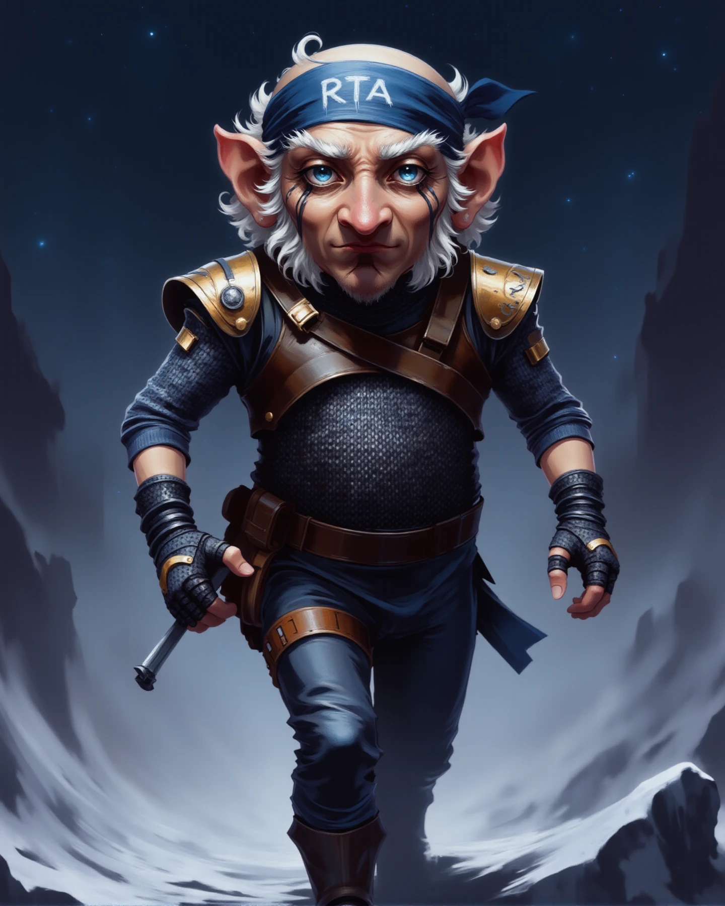 Chetney, digital illustration Digital illustration of a short old gnome character in a fantasy RPG style. He has a large nose, pointed ears, and white hair under a bandana and eyebrows. His piercing blue eyes have a mischievous look. He wears a blue bandana with 'RTA' written on it. His outfit consists of a dark leather vest over chainmail armor, with gold shoulder pads. He wears fingerless gloves and carries various weapons and tools on his belt. In one hand, he holds a dagger. 

he's walking in the snow field, during night