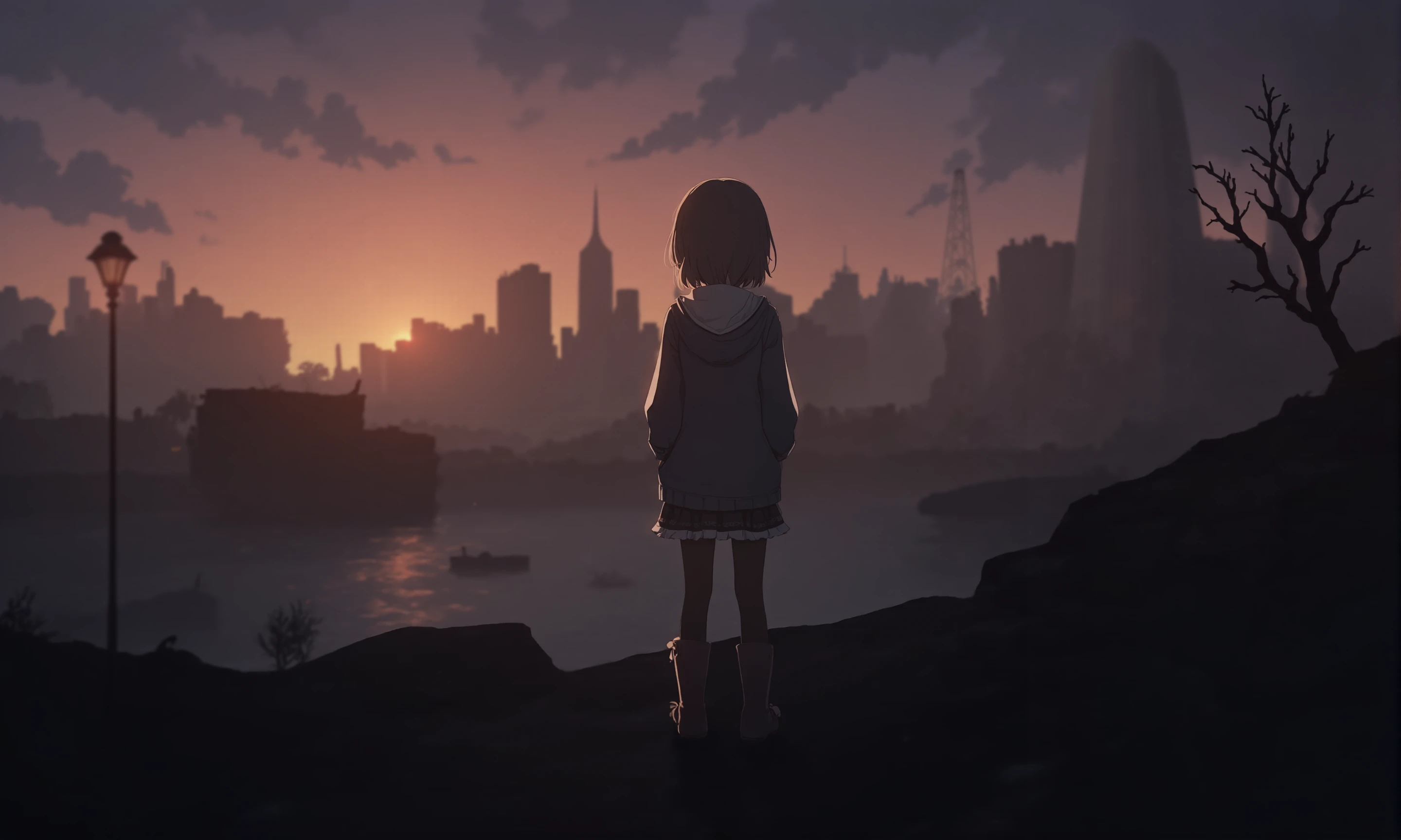 1girl,
boots, skyline, twilight, ruins, building, black skirt, scenery, hood down, cityscape, sunset, depth of field, jacket, hood, short hair, skirt, cloud, blurry, lamppost, watercraft, solo, orange sky, post-apocalypse, wide shot, black pantyhose, bridge, city, horizon, outdoors, skyscraper, brown hair, tree, hooded jacket, ship, dark, from behind, hands in pockets, pantyhose, water
<lora:BastylrV2:1>
