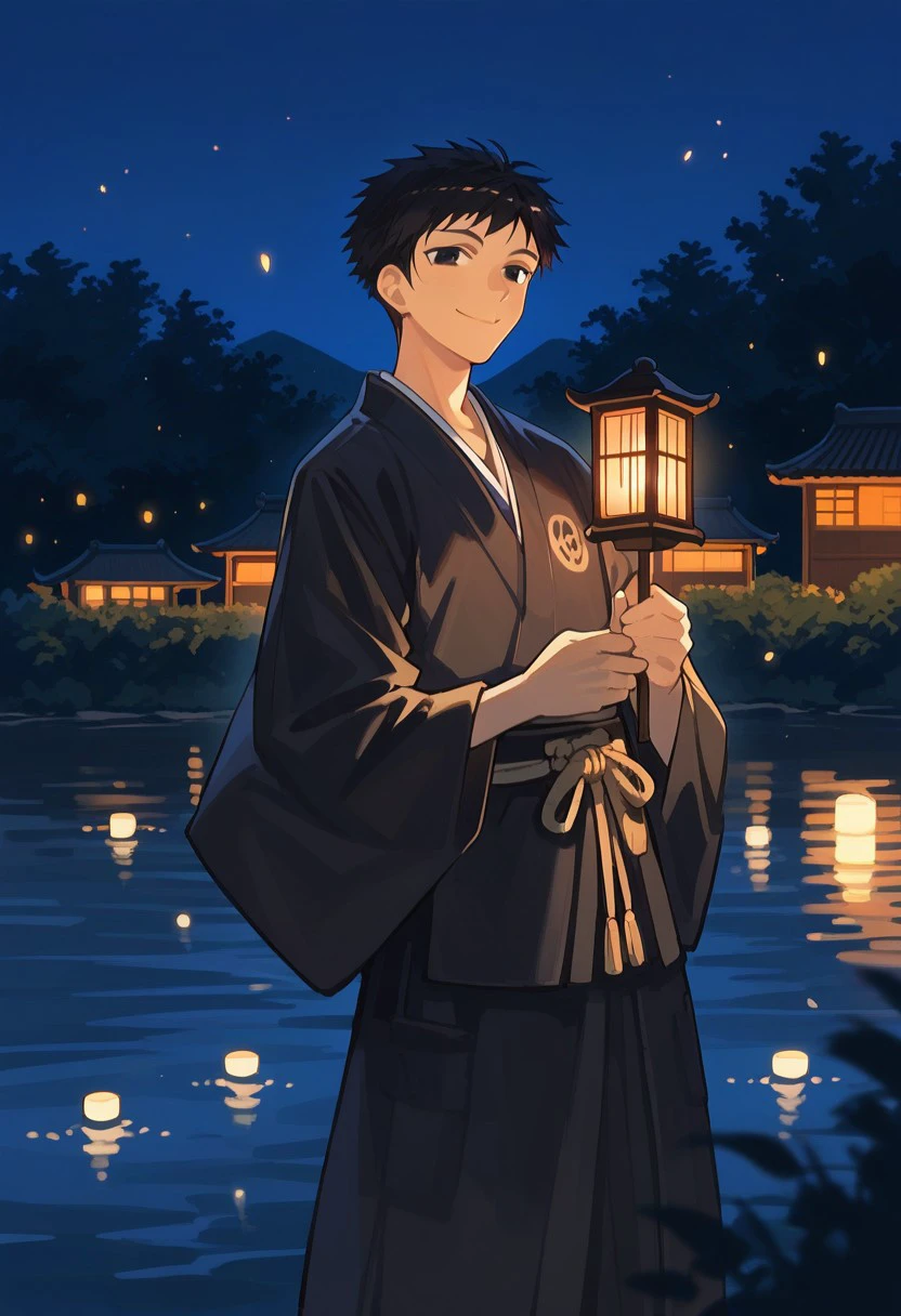 score_9, score_8_up, score_7_up, source_anime, rating_safe, holding lantern, night, MoriOHHC, (black_Mori_hair), black_Mori_eyes, 1boy, male focus, Japanese clothes, cloth belt, smiling, cropped legs, hands with five fingers, blurry outdoor lantern festival, river, fire flies, scenery,