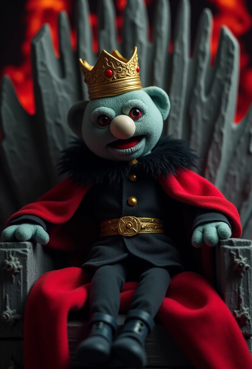 An evil king puppet sitting on the iron throne in donthugmestyle.