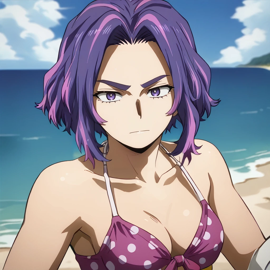 <lora:Lady_Nagant_r1:1> lady nagant, 1girl, purple hair, short hair,
at front, collarbone,
ocean, beach,
<lora:polka-dot-bikini-ponyxl-lora-nochekaiser:1> , polka dot bikini, bikini, swimsuit, polka dot, polka dot swimsuit,
on back, reclining,