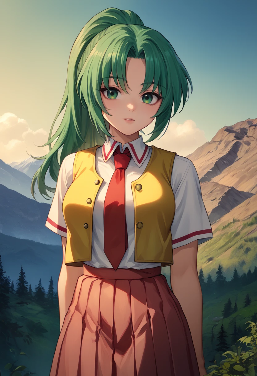 score_9, score_7_up, mountain, nature, mountainous horizon    <lora:MountainV2:1>  <lora:MionCAME2:1> Mion Sonozaki, green eyes, ponytail, green hair, white shirt, red necktie, yellow vest, red skirt, looking at viewer,