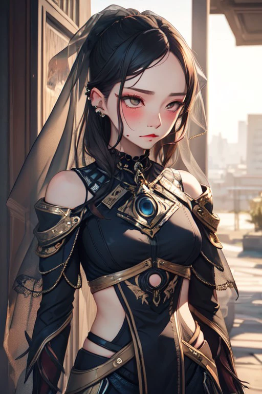 krgclotho, pants, veil, makeup, upper body, blush, shoulder cutout, piercing, mole under mouth, full body, closed mouth, <lora:112fdc48-0fd3-4d1d-98d1-a54a03b63b5e:0.7>