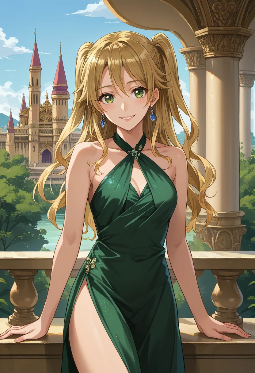 score_9, score_8_up, source_anime, 1girl, solo, YuzuAihara, long hair, two side up, earrings, elegant, green dress, halterneck, side slit, palace, smile, <lora:ChamYuzuAiharaPonyXL:1>