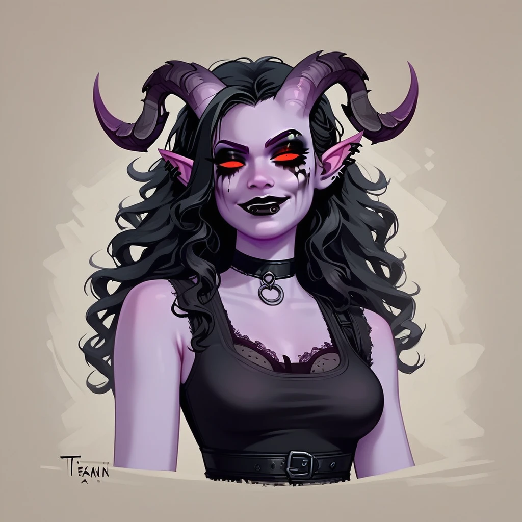 1 girl, 1 woman, tiefling, goth, goth makeup, horns