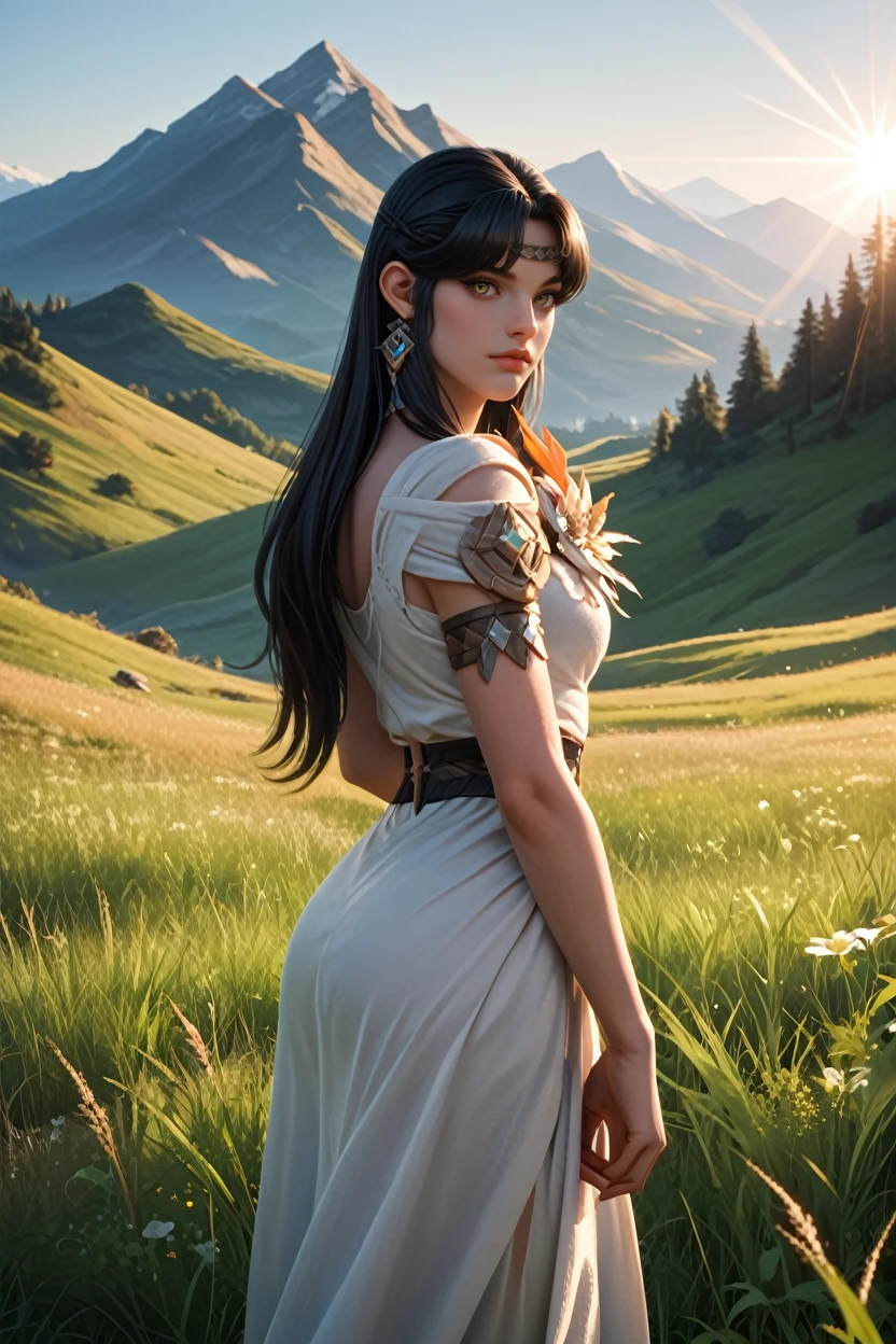 score_9, score_8_up, score_7_up, score_6_up
<lora:LALiru:1.0>
LALiru, 1girl, black hair, long hair, looking at viewer, standing in a field during the golden hour, hand gently brushing through tall grass, mountains in the distance, warm sunlight casting a glow, serene and connected to nature