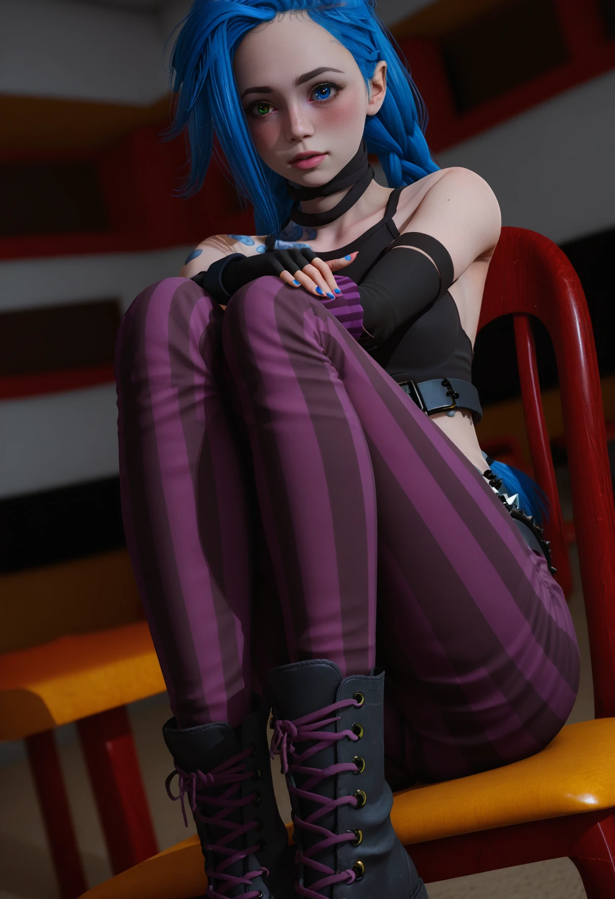 score_9, score_8_up, score_7_up,
1girl, solo, arcane jinx:cosplay, black crop top, leather choker, detached sleeves, black wristband, fingerless elbow gloves, multicolored nails, studded belt, striped pants, lace-up boots. blue hair, twin braids, heterochromia.
indoors, dark background, table, chair, sitting, hugging own legs, looking at viewer, blush, wide shot, dutch angle, depth of field,
<lora:Dark_Nova_Pony_v1.0:1.0> d4rkn0v4,