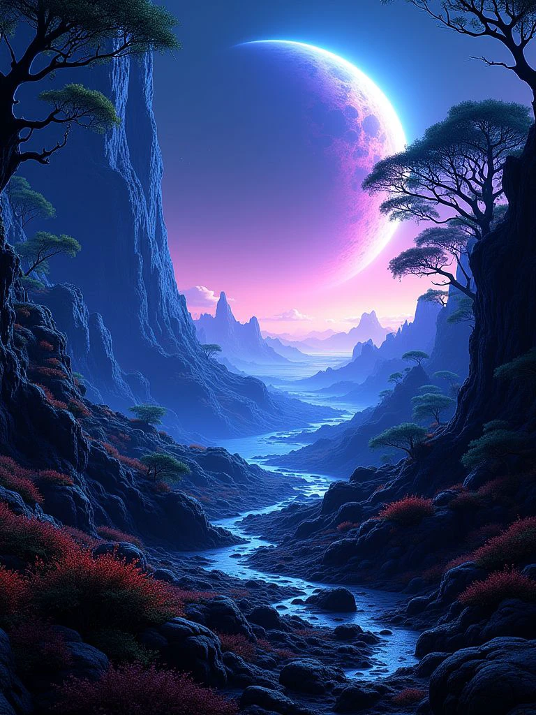 A digital artwork depicting a highly detailed landscape of a dark distant planet, rocks and organic soil, glowing trees, intricate details of dense wet jungle, grass, various exotic plants and flowers, blue-violet mist streams through the crevices of the rocks creating a surreal and organic composition. The majestic satellite planet is visible from behind the horizon, obscuring half of the sky, its surface is covered with seas and continents, partially hidden by translucent clouds of the atmosphere. The overall style is surreal and fantastic, with a balanced composition and soft diffused lighting that highlights intricate details and creates a magical, otherworldly mood.
High contrast, 8k resolution,
<lora:Dagobah_Land_Flux:1> dagobahlnd