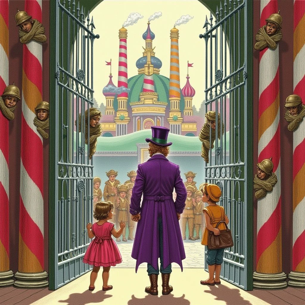 (gustavedore:1.3) style color lithograph classical literature illustration , crisp lines, moderate detail,
Willy Wonka opening the gates to his chocolate factory. The eccentric chocolatier stands before the massive iron gates, his purple coat and top hat adding to his flamboyant appearance. Golden ticket winners Charlie Bucket and the other children wait expectantly, their faces filled with wonder. The factory looms behind Wonka, its whimsical architecture and colorful smoke stacks hinting at the magical world within. Oompa Loompas peek out from behind candy-striped pillars, adding to the sense of mystery and enchantment.,
medium contrast, tenebrism <lora:GustaveDore_Style_000005500:0.75>