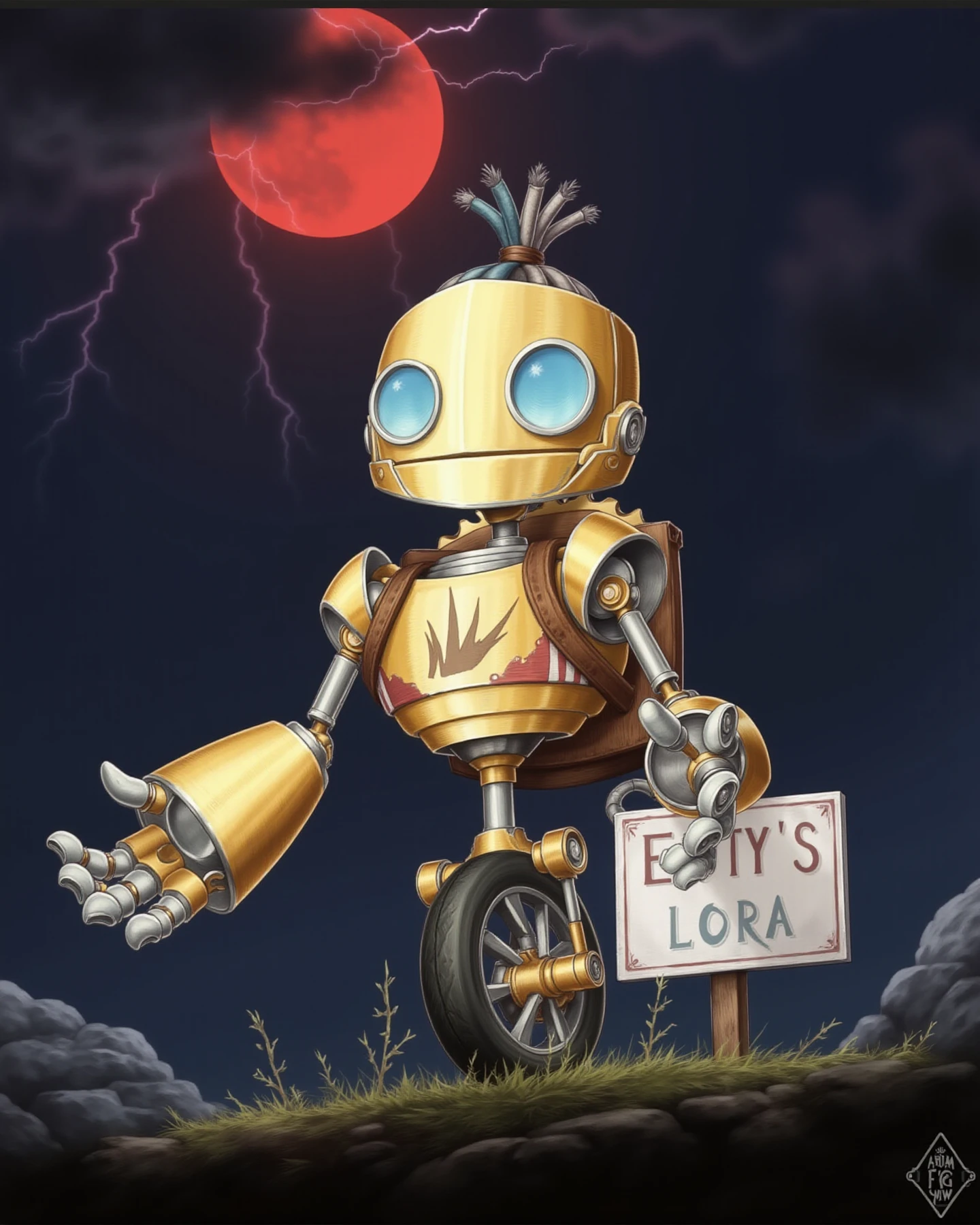 FCG, The image is a digital illustration of a robot . The robot has a round head with two large blue eyes and a small antenna on top. It has two arms and a wheel as leg . The body of the robot is made up of gold-colored metal and has a metallic finish. It also has a red and white striped pattern on its chest and arms.

standing on a rocky grassy surface with a night sky in the background, there is a red moon in the sky, a cloudy dark sky and lightnings.

and its hands are outstretched with a sign with the text 'Esty's Lora'