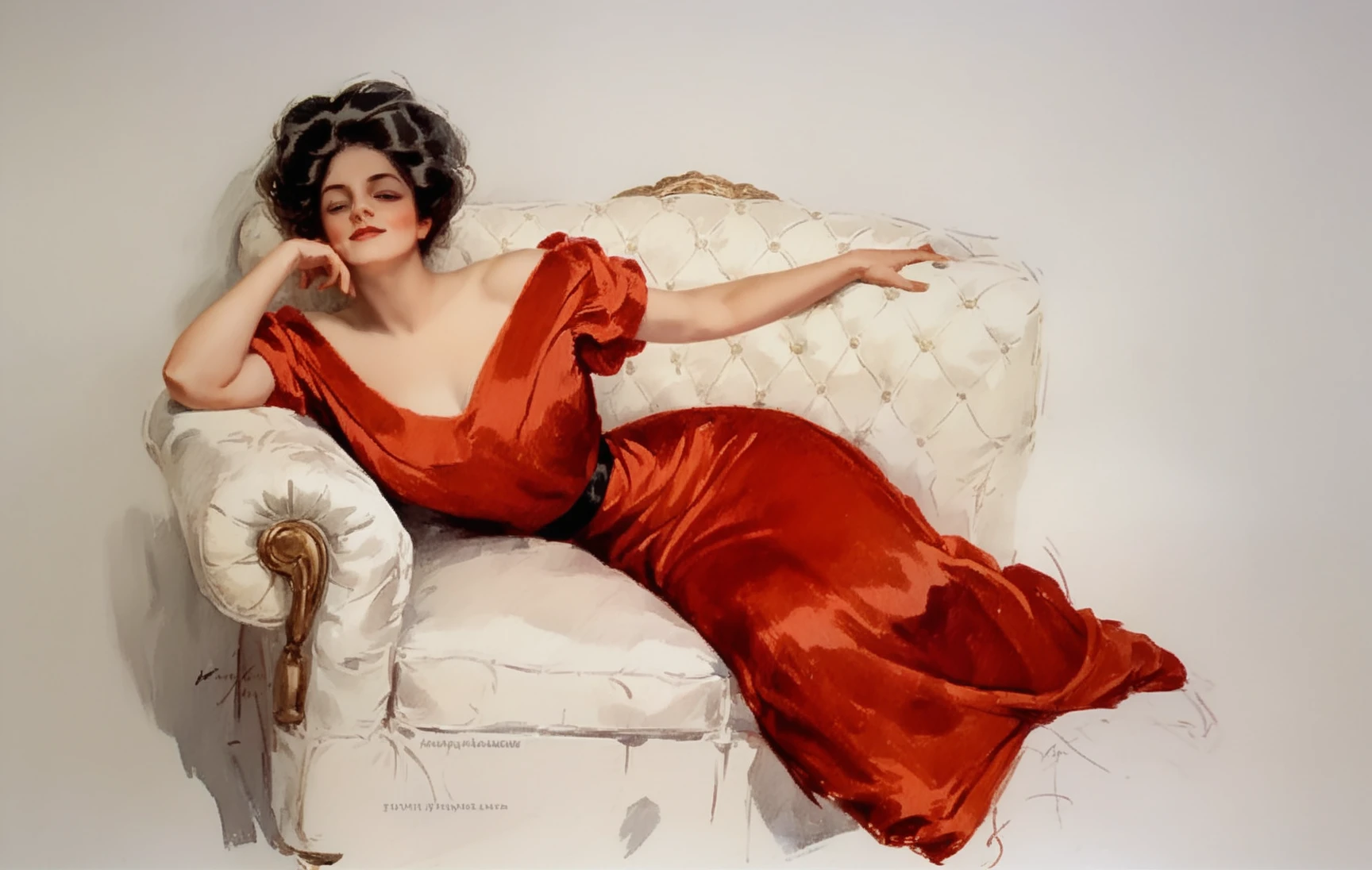 <lora:harrison-fisher_pony_v2:1> 'untitled' by fisher harrison in 1234, , kitsch \(genre\),design \(genre\), a woman in a red dress posing on a chaise longue, score_9, score_6_up, score_7_up