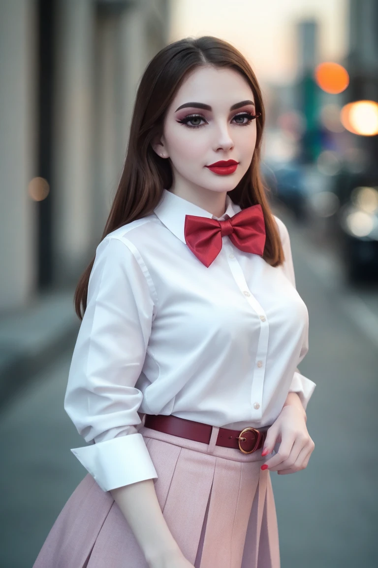 <lora:lioness-07:0.6>,, lioness, ((detailed eyes, detailed face):1.2), ((red lipstick, eye shadow, eyeliner, blush, pale skin)), ((fully clothed, modest)) , photo of a woman, ,beautiful picture, fully clothed, outside, ((bowtie, thighhighs, shirt, skirt)), city street, sunset, detailed, epic, closeup,