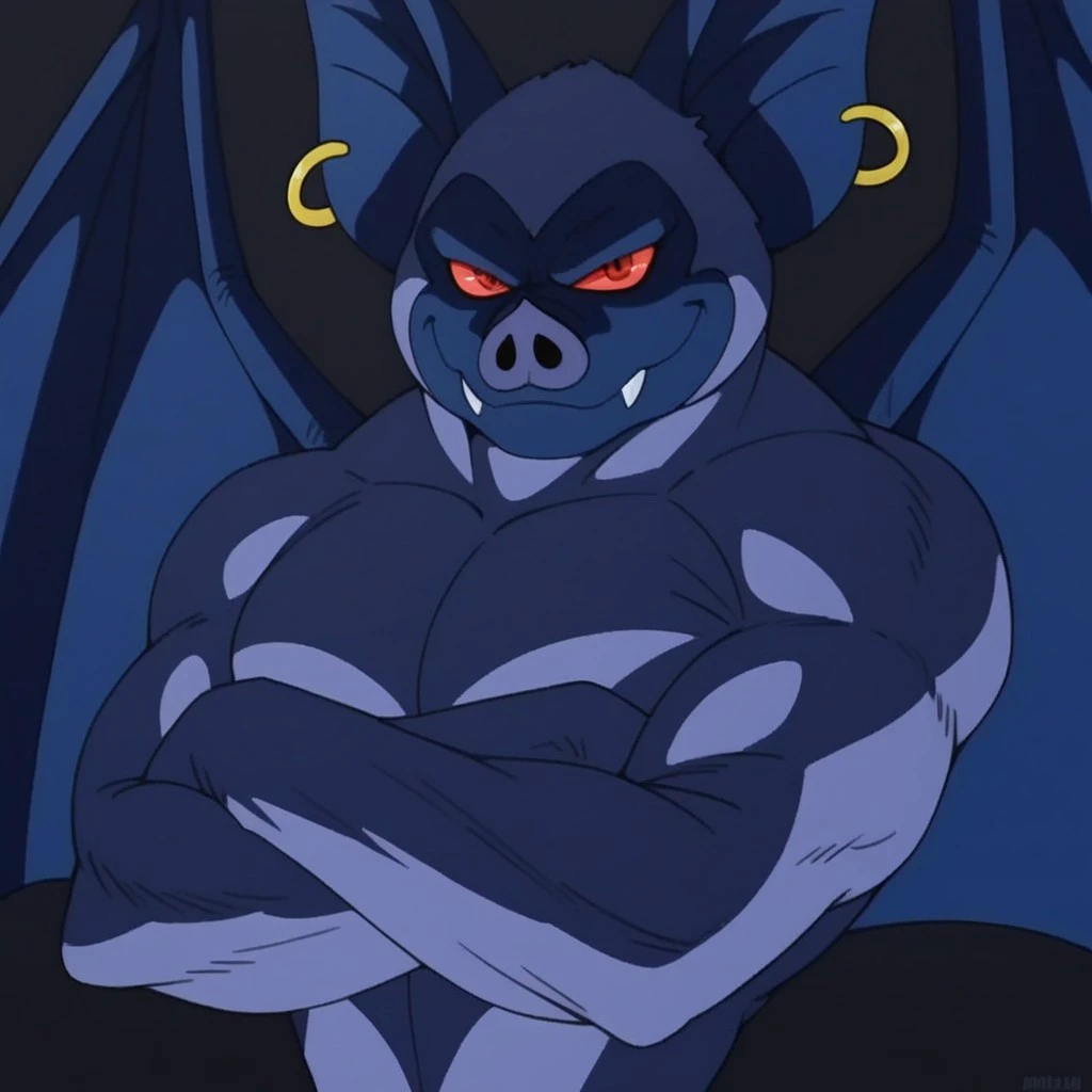 A bat with enormous muscles with large pectorals and a gigantic penis