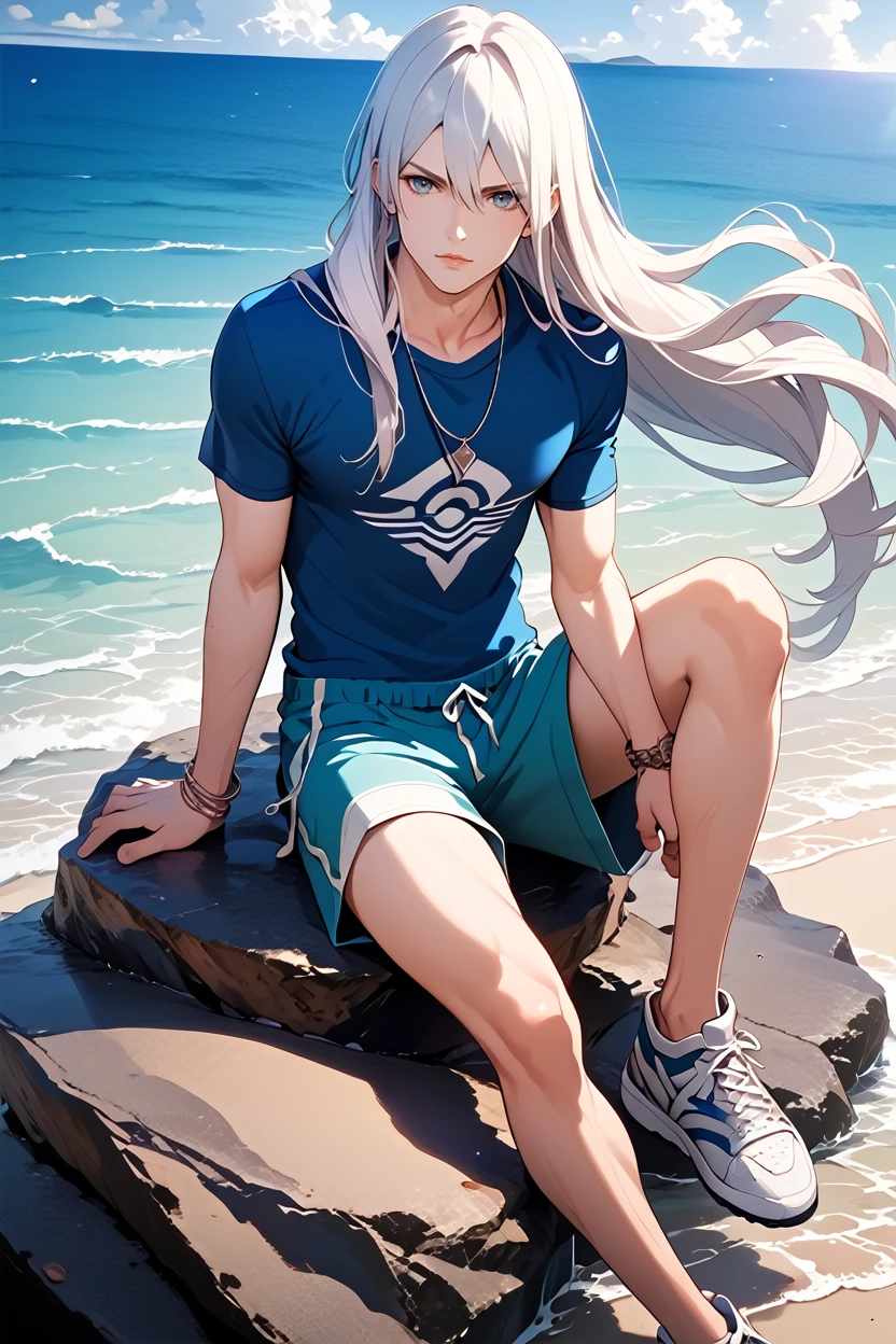 score_9, score_8_up, score_7_up, score_6_up
<lora:LAKadan:1.0>
LAKadan, 1boy, white hair, long hair, looking at viewer, male model sitting on a large rock by the beach, casual beachwear, ocean spray in the air, distant horizon, relaxed and thoughtful mood