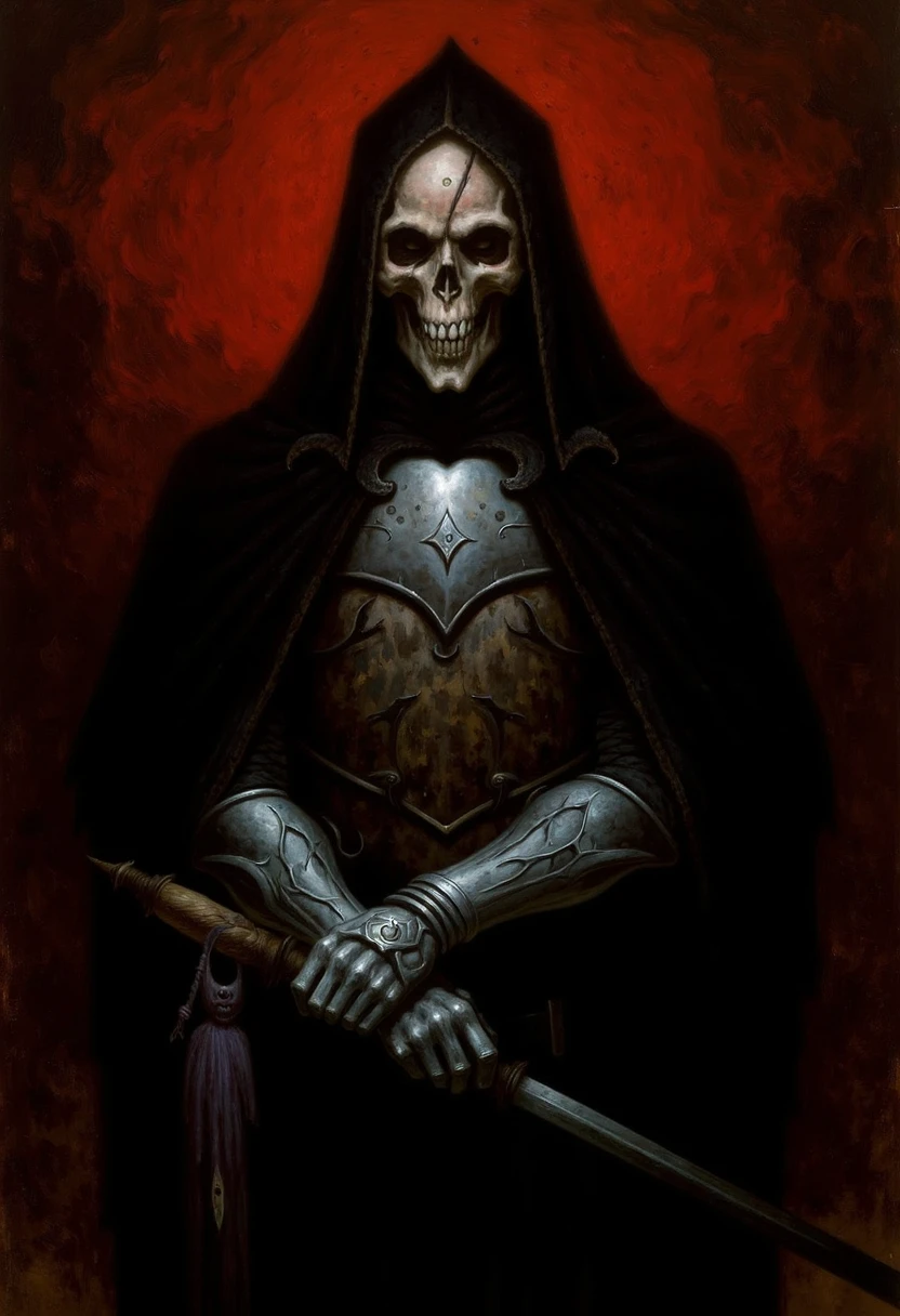 A closeup view of an atmospheric and powerful dark fantasy, natural organic and impressionist classical-style painting of a powerful and mysterious figure known as a deathly sorceress who is depicted as a dark and mysterious individual he stands in front of a dark background with a red hue which adds to his regal presence his face is adorned with a skull which is a symbol of his strength and power he wears a dark cloak over his shoulders which gives him an air of mystery and intrigue his hands are adorned with silver armor which seems to be adorned with intricate designs that