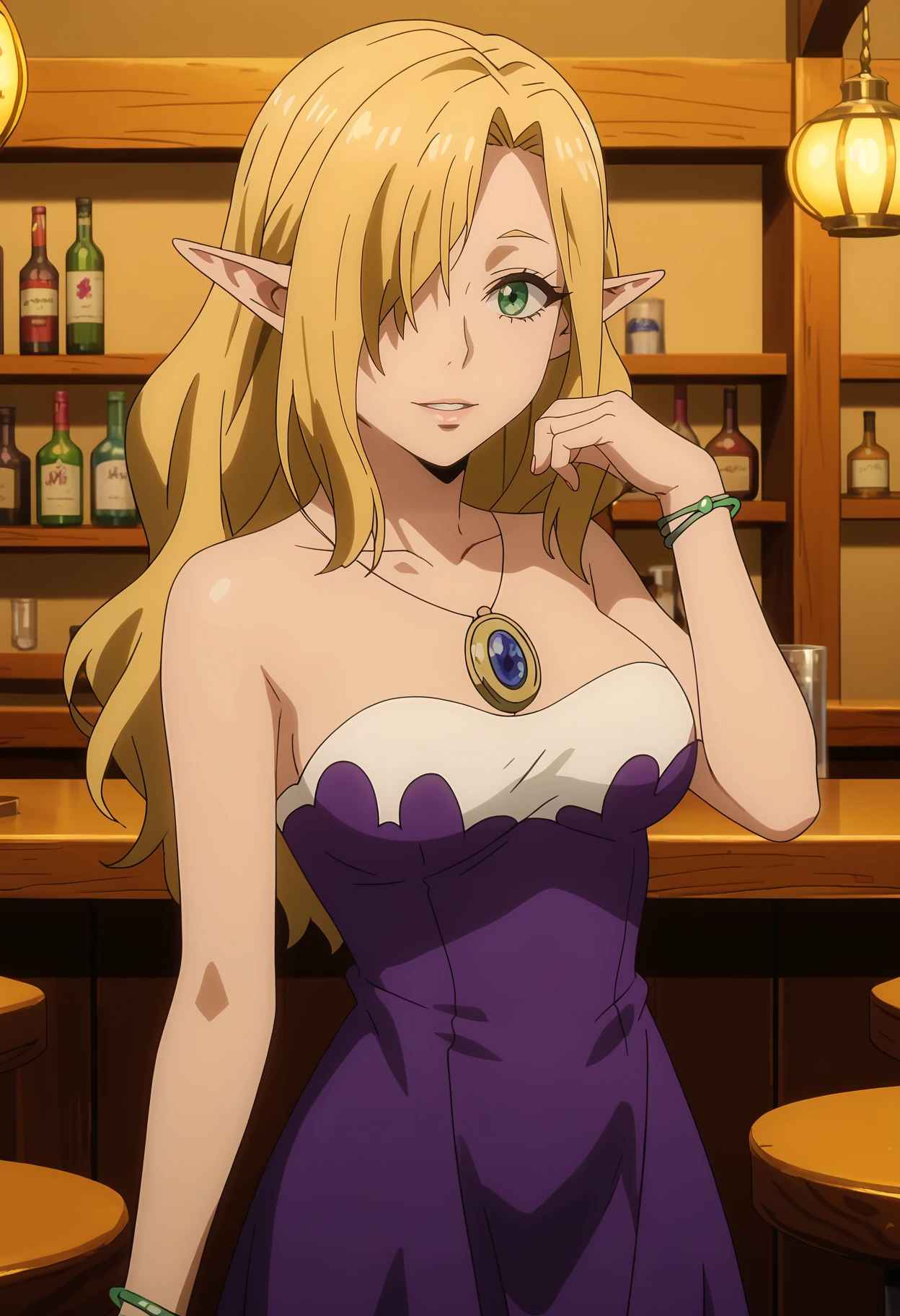 score_7_up, anime screencap,
<lora:TenSura_DwargonElf3XL:0.9>, DwargonElf3,
1girl, solo, parted lips, light smile,
blonde hair, green eyes, hair over one eye, pointy ears,
pendant, strapless dress, purple dress, cleavage, large breasts, bracelet,
standing, looking at viewer, cowboy shot,
blurry background, indoors, bar (place)