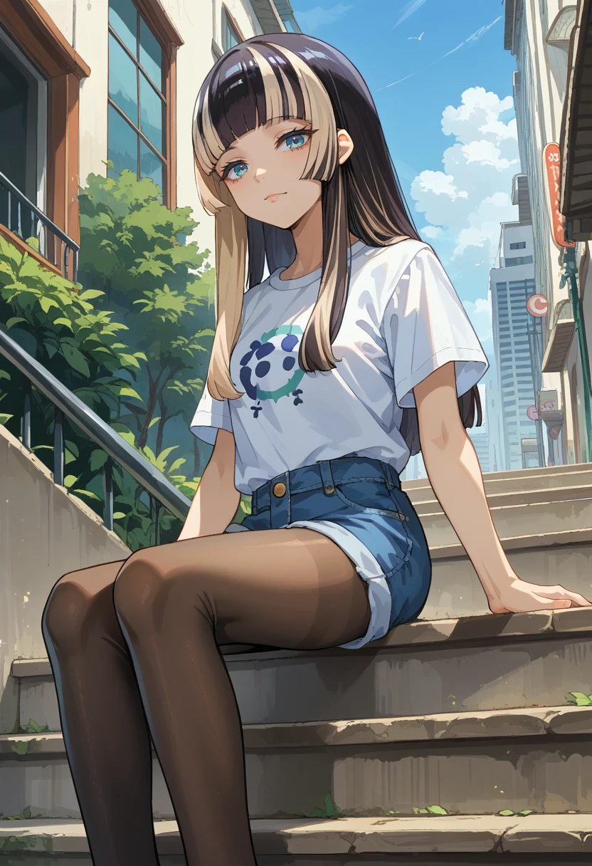 score_9, score_8_up, source_anime, 1girl, solo, JuufuuteiRaden, black hair, multicolored hair, long hair, hime cut, t-shirt, denim shorts, pantyhose under shorts, sitting, stairs, outdoors, city, <lora:ChamJuufuuteiRadenPonyXL:1>