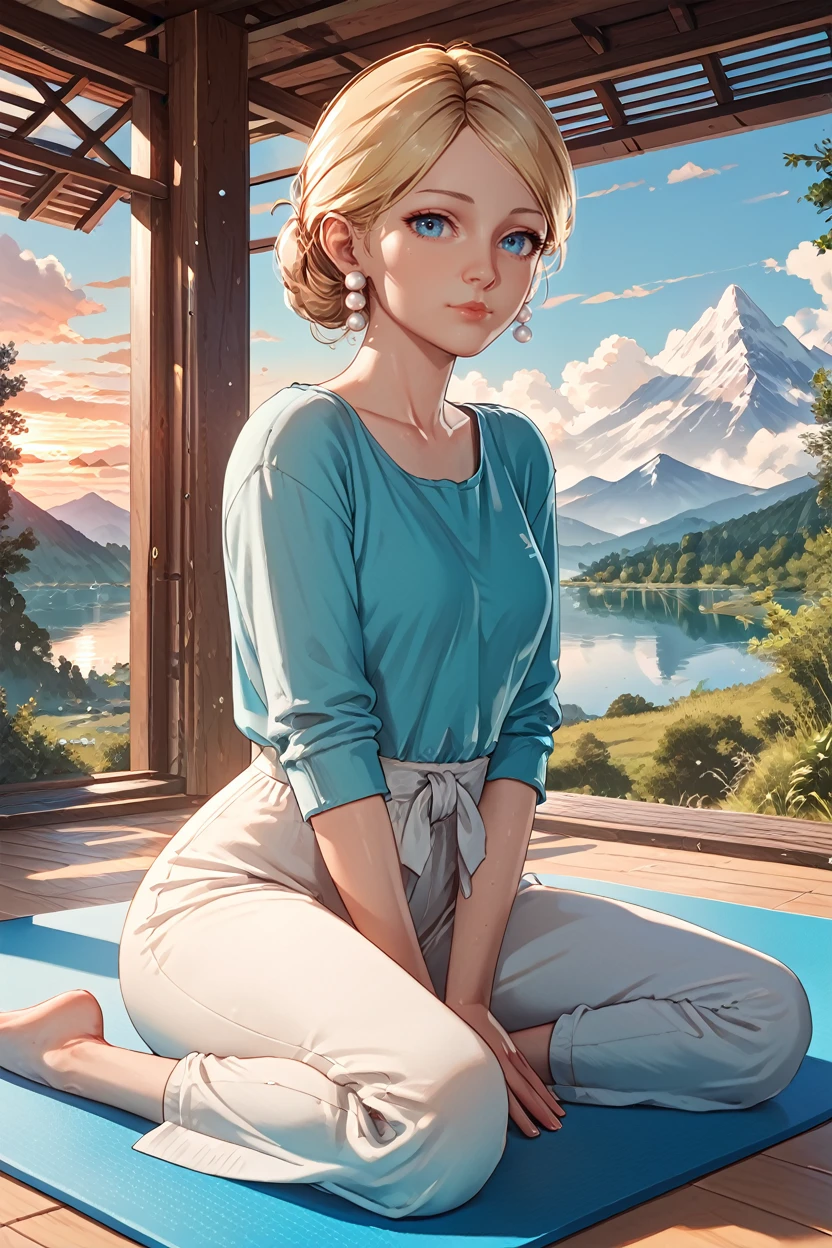 <lora:TEW2Myra:1.0>
TEW2Myra, 1girl, blonde hair, blue eyes, pearl earrings, looking at viewer, sitting cross-legged on a yoga mat, meditating, sunrise over a mountain lake in the background, mist rising from the water, serene and focused atmosphere, score_9, score_8_up, score_7_up, score_6_up