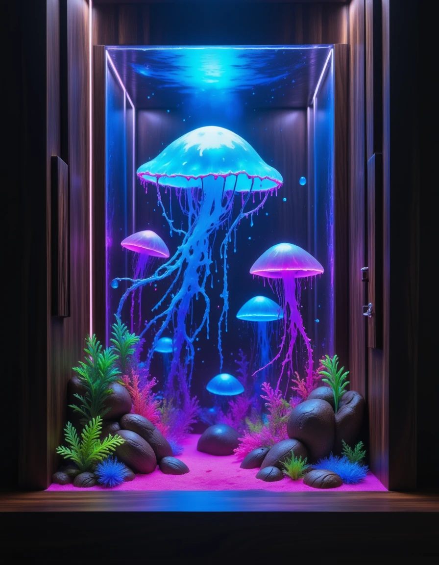 reij-bnysplsh, ebony wood, neon splash, <lora:FLUX_ebonysplash:1>, Underwater "jellyfish", Foggy conditions, fine polished, magic atmosphere, striking, intense, luxury, cinematic light, cute, exquisite color, beautiful detailed, delicate, cool colors