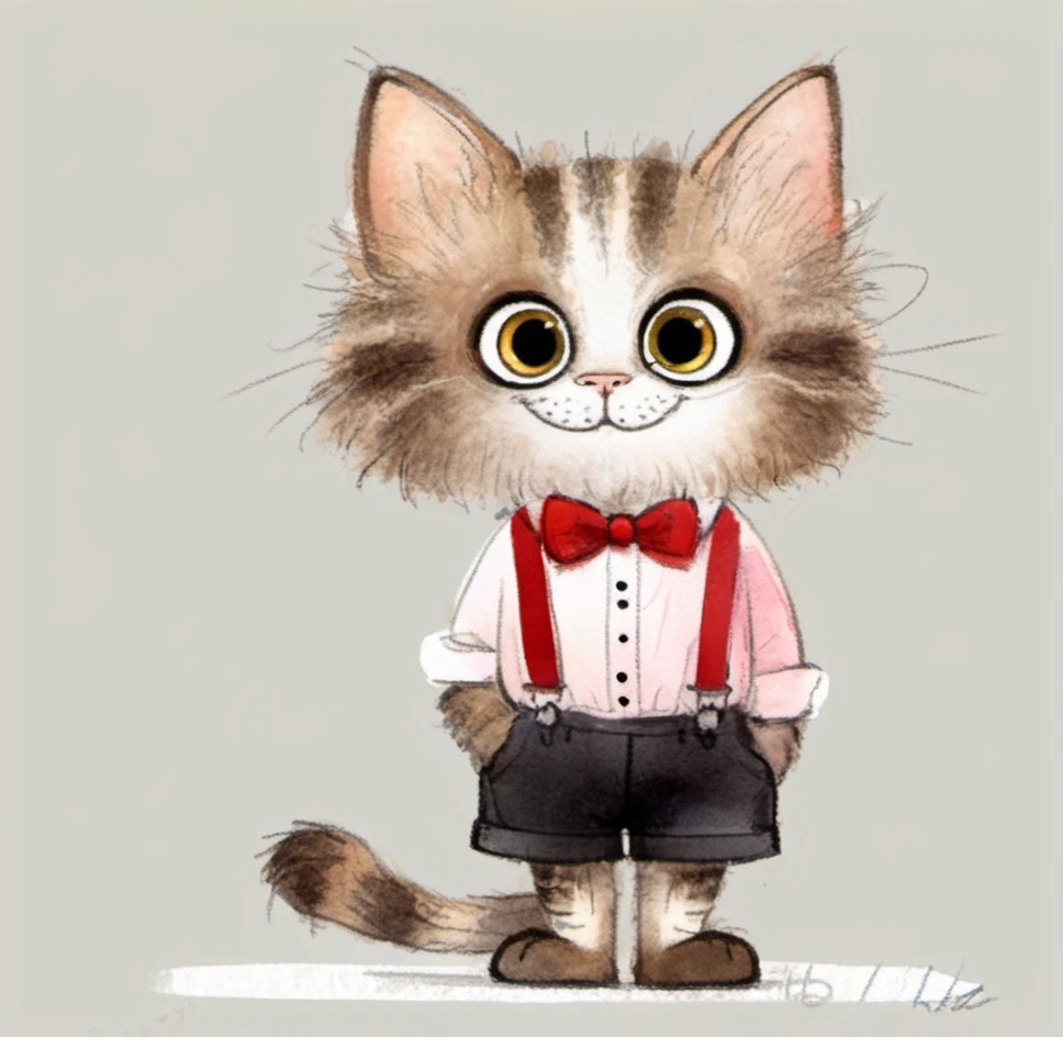 cat, anthropomorphic, cute, big eyes,  whiskers, fluffy, brown fur, wearing clothes, red shirt, black bow tie, suspenders, shorts, childrenâs illustration, watercolor, cartoon style, fantasy art, smiling, front view, standing, white background, drawn, hand-drawn, digital art, character design, playful. <lora:æ½¦è-000012:0.8>,