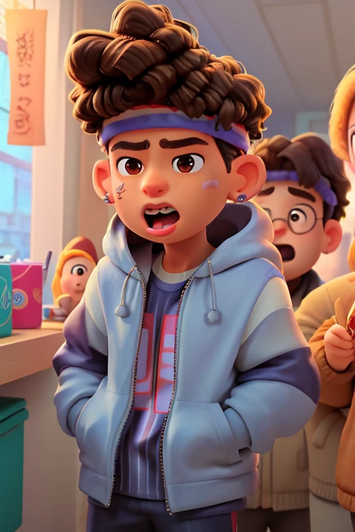 masterpiece, best quality, , TylerNguyen, 1boy, curly hair, black eyes, , brown hair, hands in pockets, headband, shirt, mouth hold, dark skin, afro, teeth, male focus, hood, bandaid on face, bandaid, solo, upper body, food, bandaid on nose, child, earrings, open mouth, jacket, open clothes, 1boy, jewelry, dark-skinned male, curly hair, brown eyes